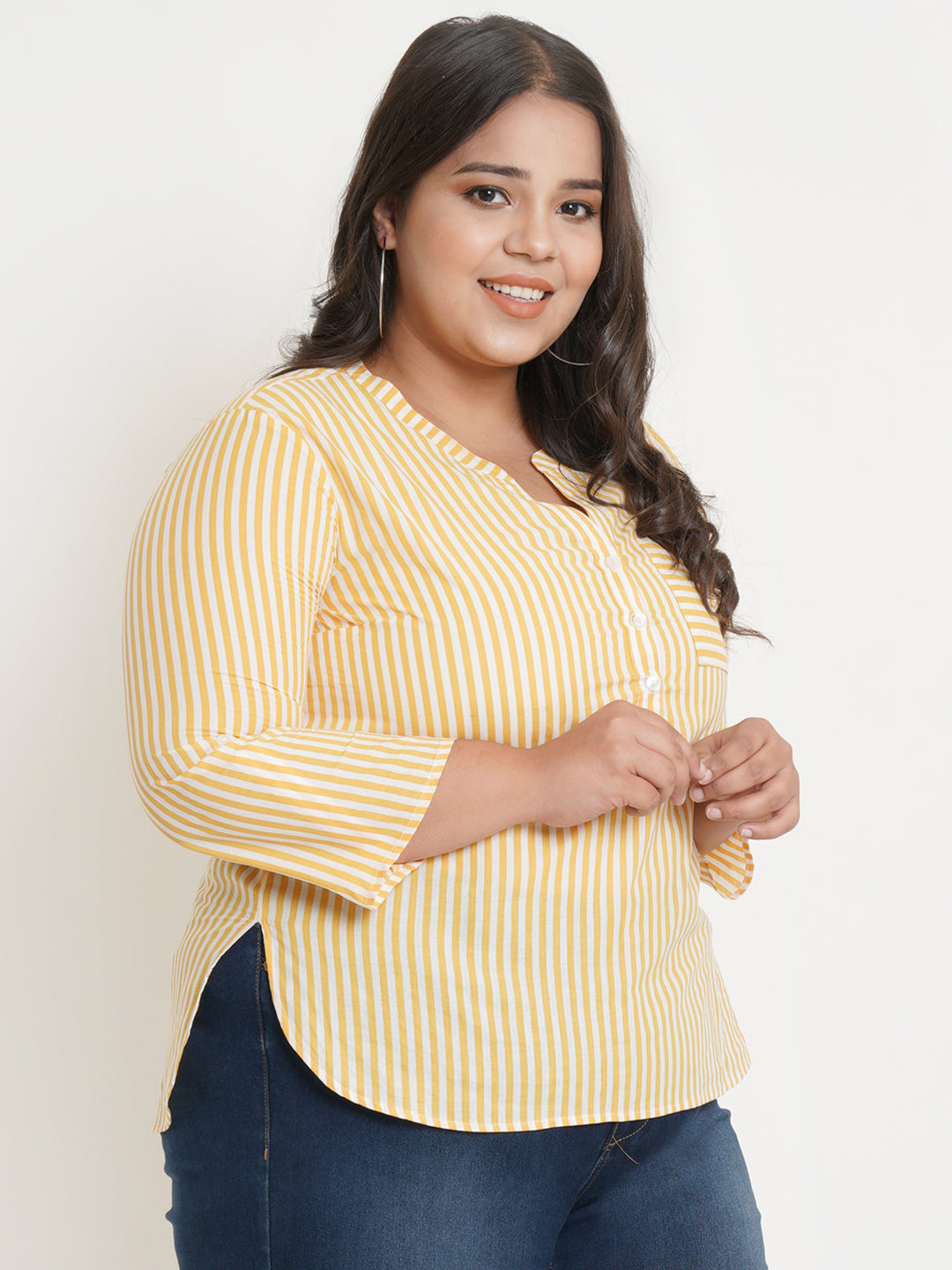 Women Yellow & White Stripe Mandarin Collar Plus Size Top