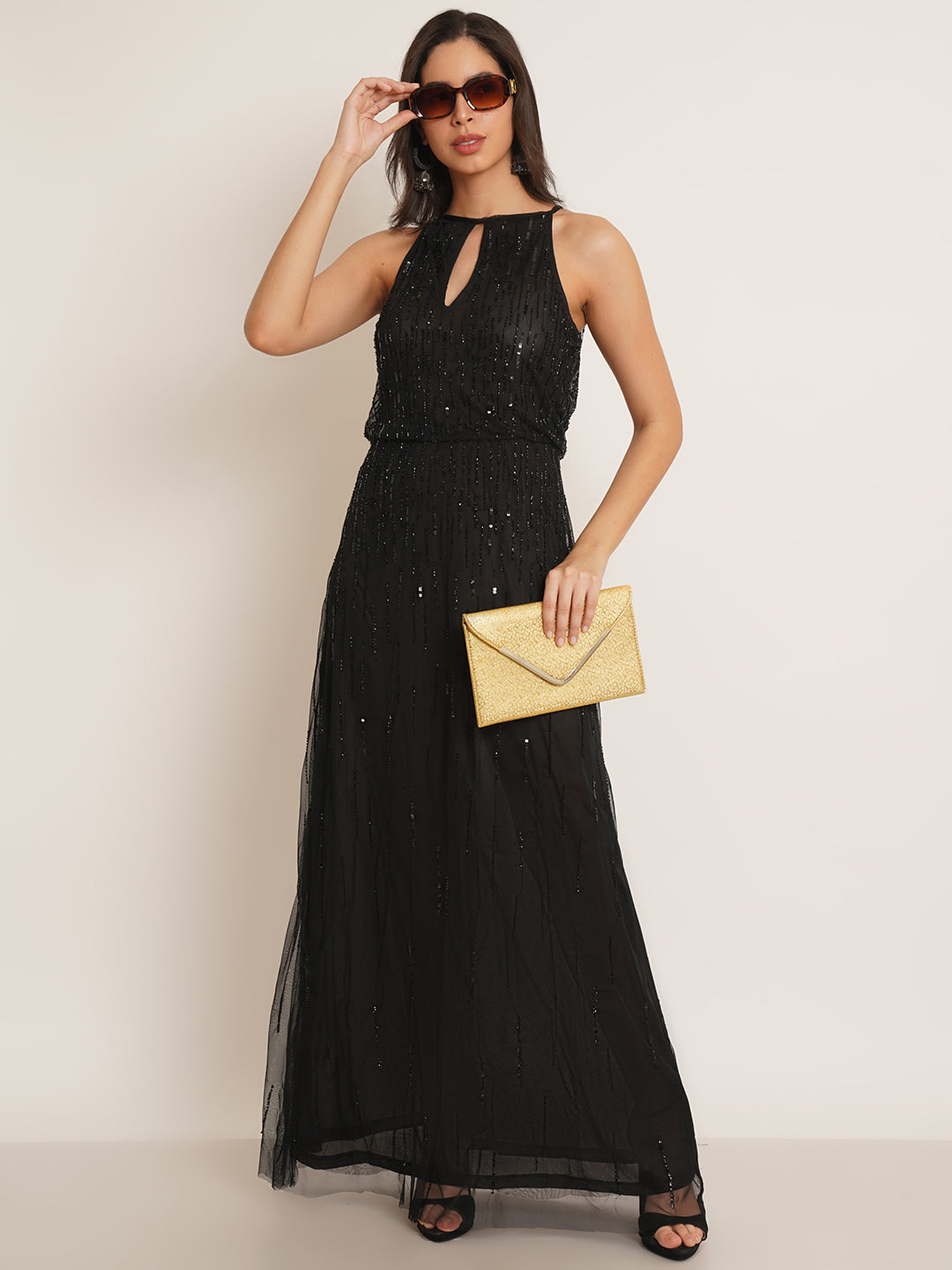 Women Black Embellished Halter Neck Gown Dress