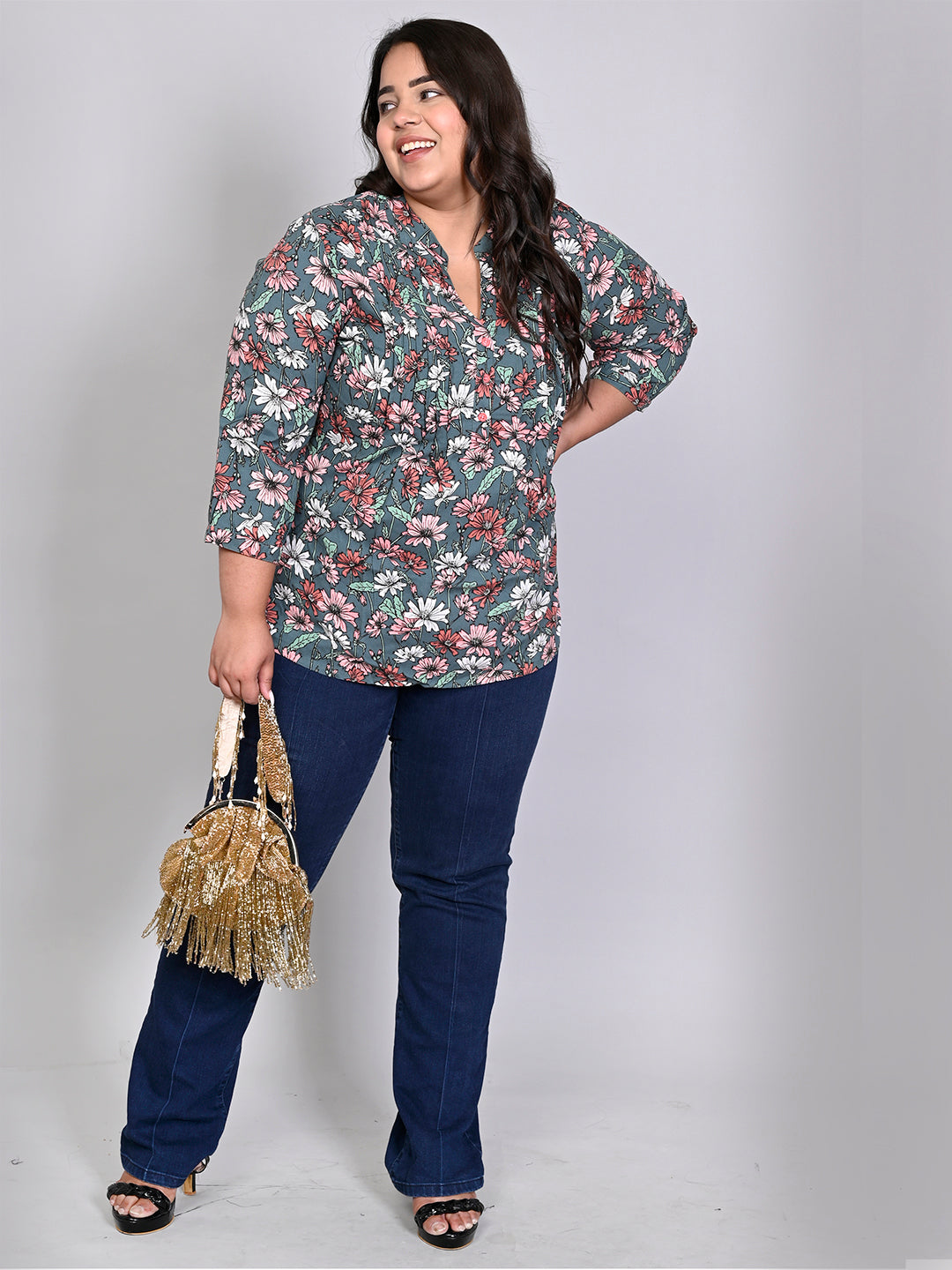 Women Plus Size Green & Pink Printed Pintuck Mandarin Collar Longline Top