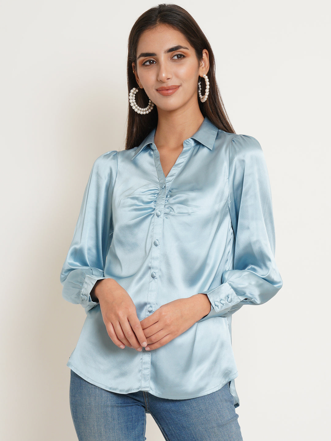 Women Silver Solid Satin Full Sleeves Shirt Collared Tops