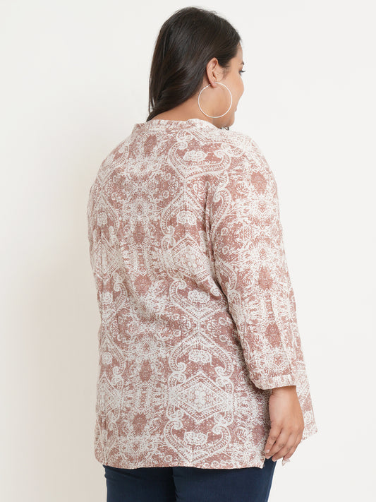 Women Brown & White Abstract Printed Mandarin Collar Plus Size Top