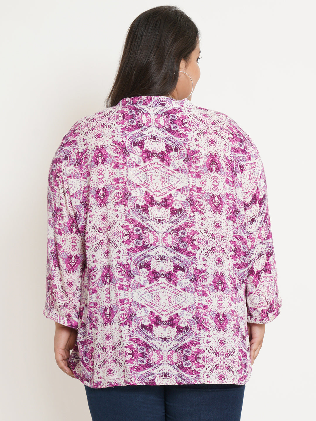 Women Pink & White Abstract Printed Mandarin Collar Plus Size Top