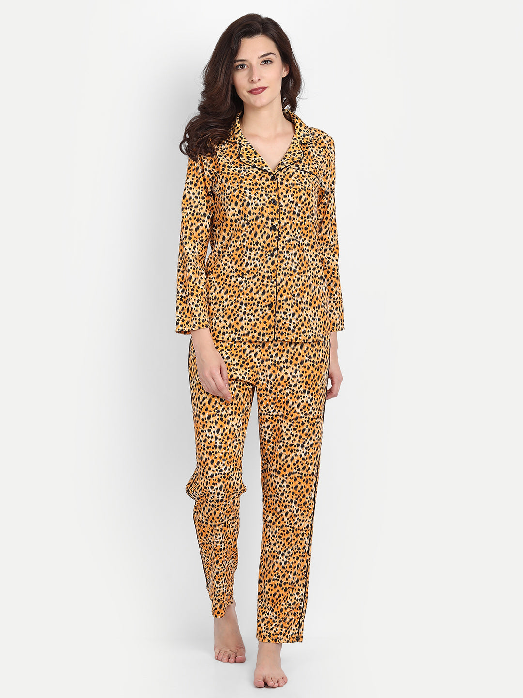 Women Black & Yellow Animal Print Polyester Pyjama & Shirt Nightsuit Set