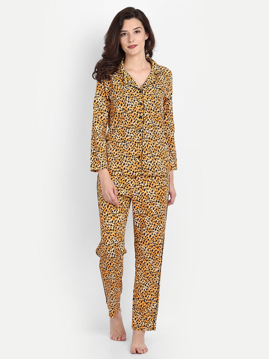 Women Black & Yellow Animal Print Polyester Pyjama & Shirt Nightsuit Set