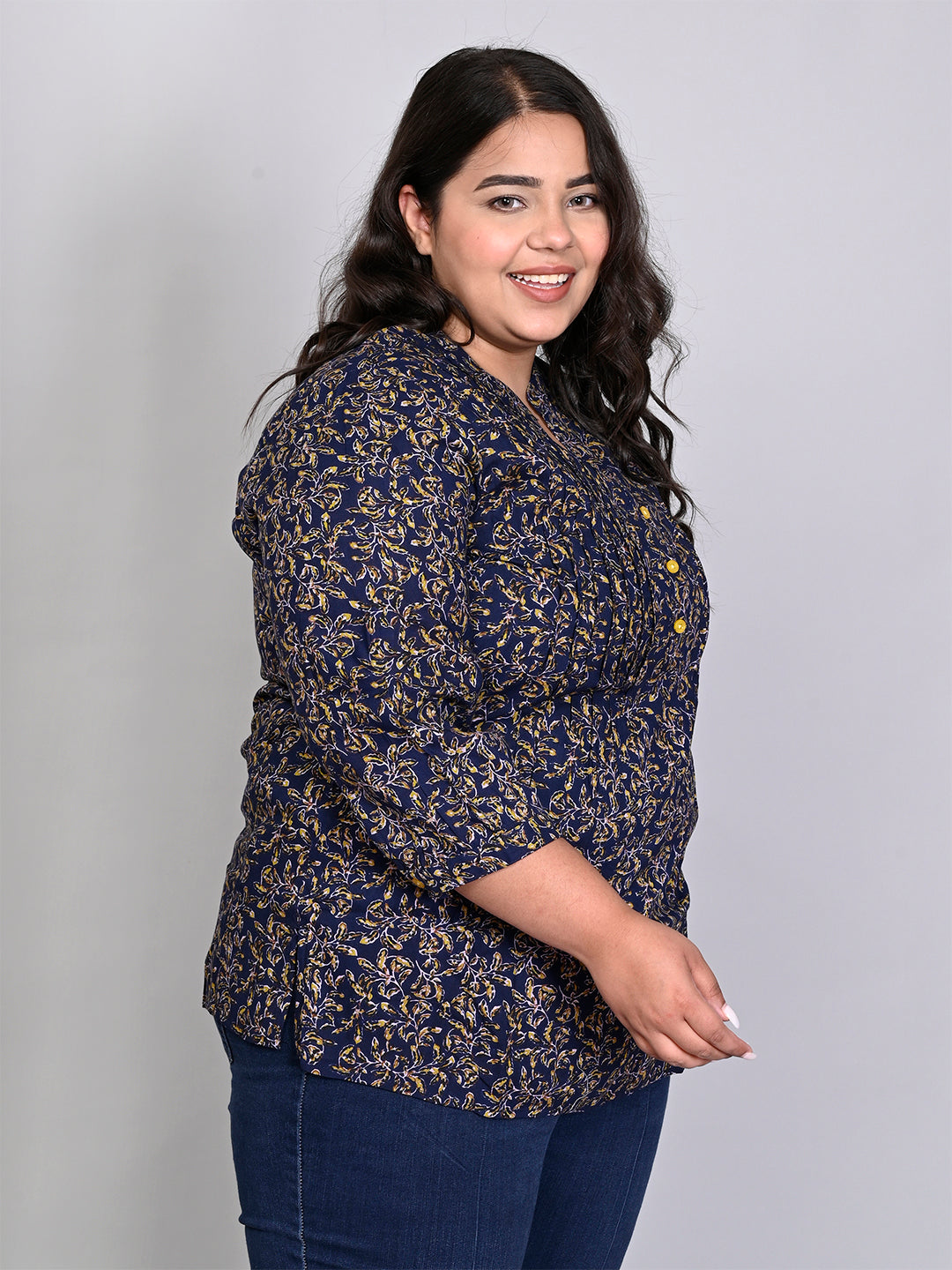 Women Plus Size Navy Blue & Green Printed Pintuck Mandarin Collar Longline Top