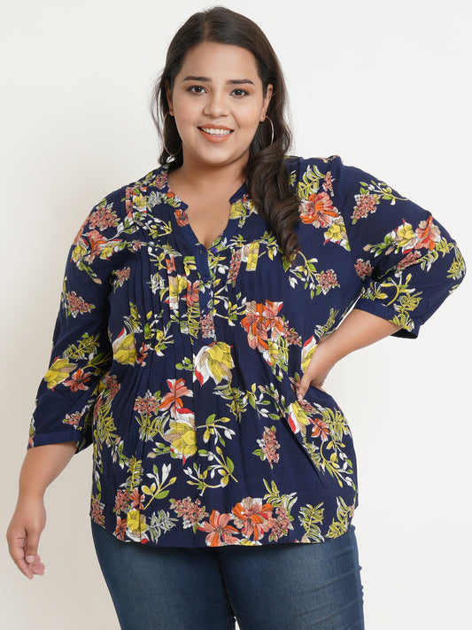 Women Navy Blue Floral Print Plus Size Tops - Front Images