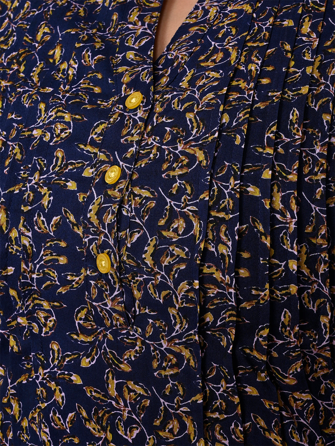 Women Plus Size Navy Blue & Green Printed Pintuck Mandarin Collar Longline Top