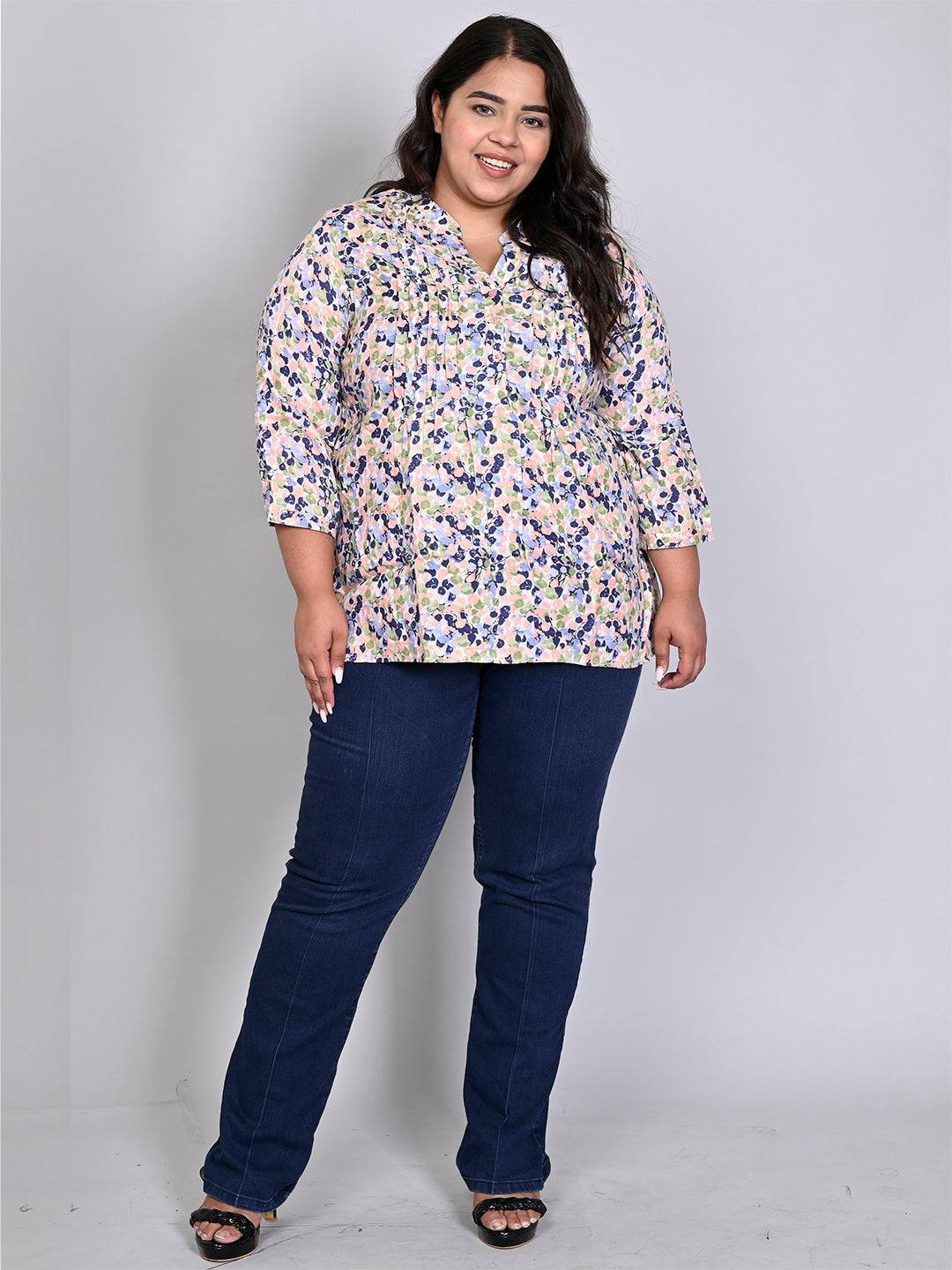 Women Plus Size Multicolor Printed Pintuck Mandarin Collar Longline Top