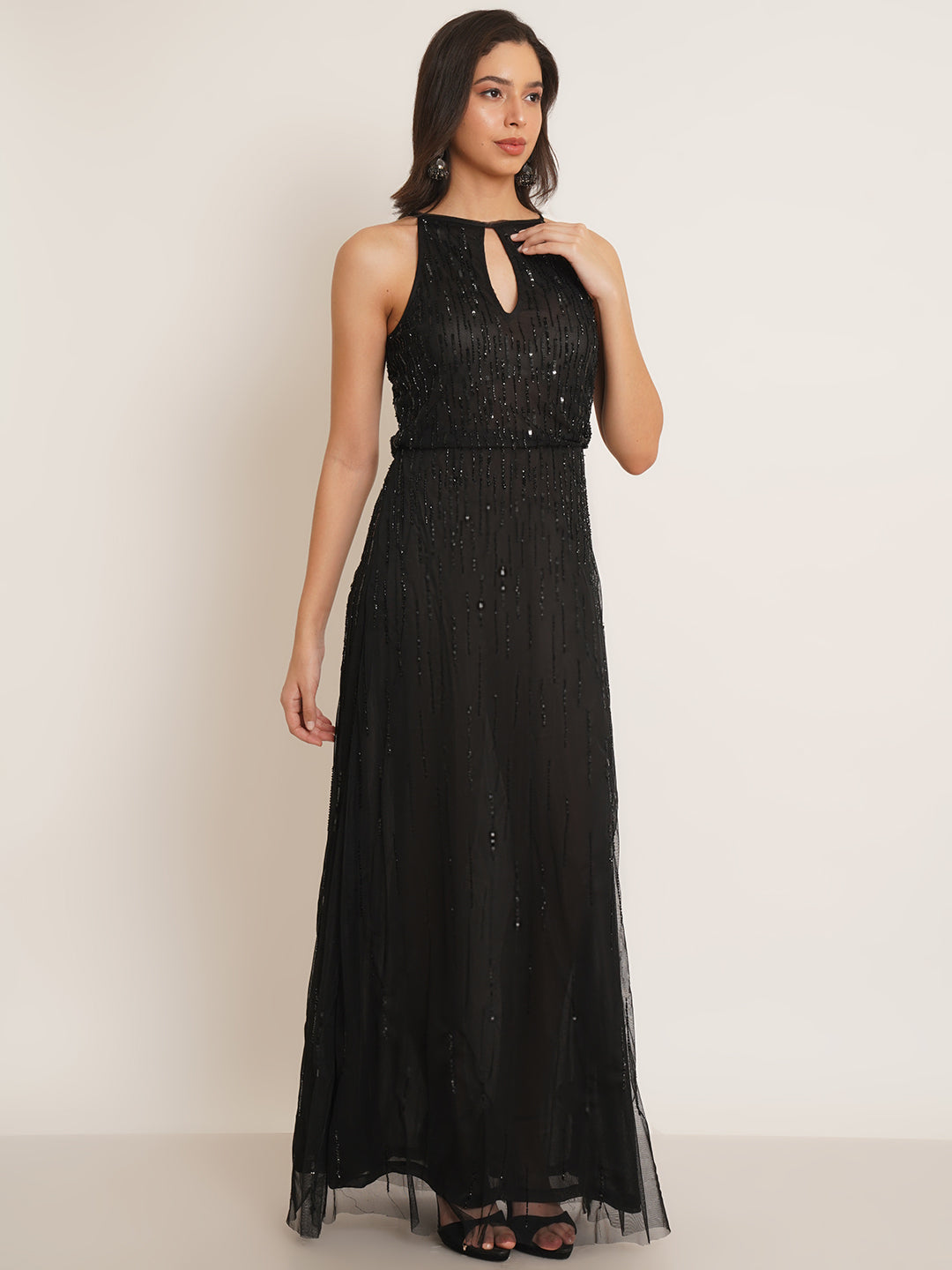 Women Black Embellished Halter Neck Gown Dress