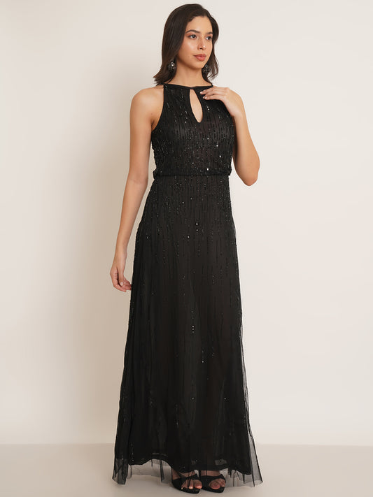 Women Black Embellished Halter Neck Gown Dress