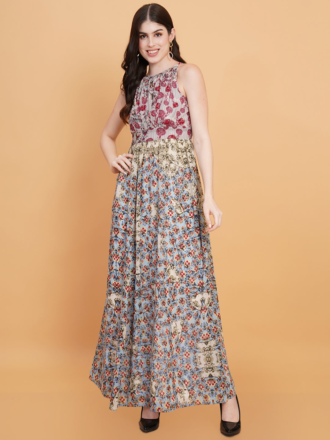 Women Red & Blue Floral Print Tie-Up Neck Maxi Dress