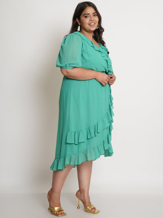 Green Solid Ruffle Self Design Midi Plus Size Dress