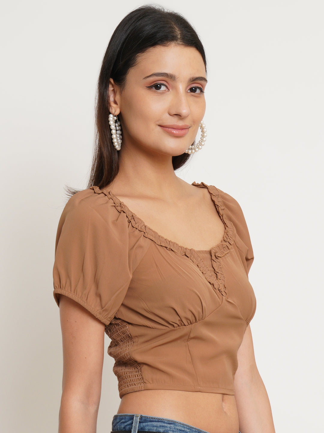 Women Brown Self Design Smocked Crop Top