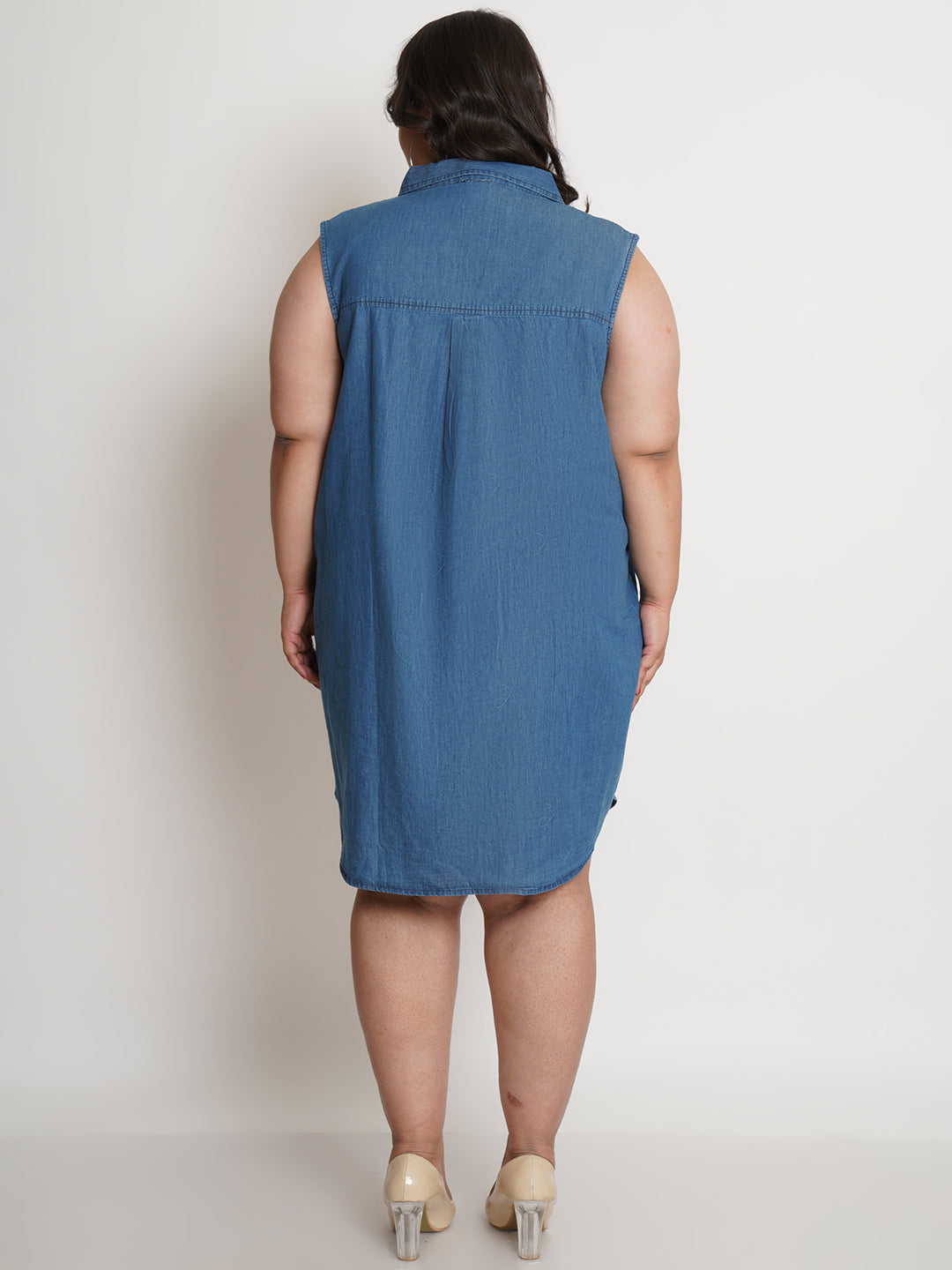 Women Blue Collared Denim Plus Size Shirt Dress