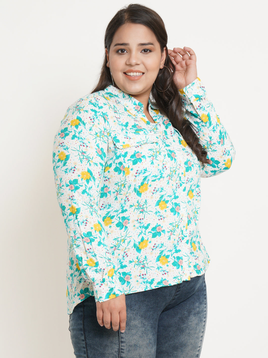 Women Multicolor Floral Printed Collar Style Plus Size Top