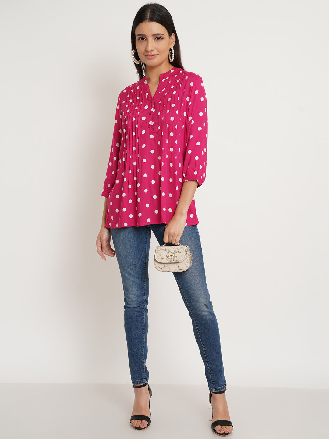 Women Red & White Polka Dot Print Plus Size Top