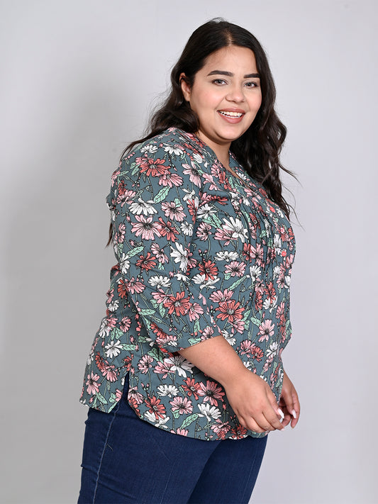 Women Plus Size Green & Pink Printed Pintuck Mandarin Collar Longline Top