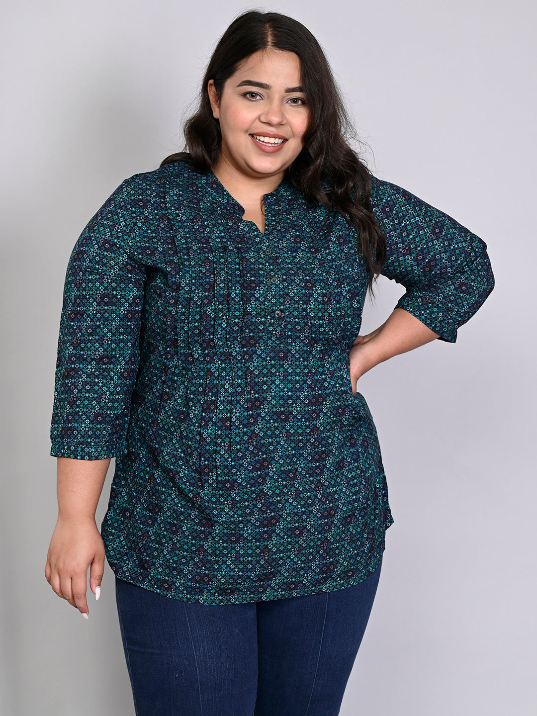 Women Plus Size Green & Navy Blue Printed Pintuck Mandarin Collar Longline Top