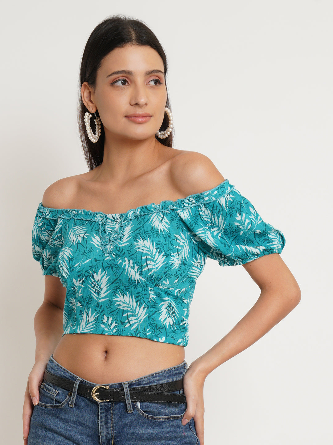 Women Turquoise Blue & White Printed Self Design Smocked Crop Top