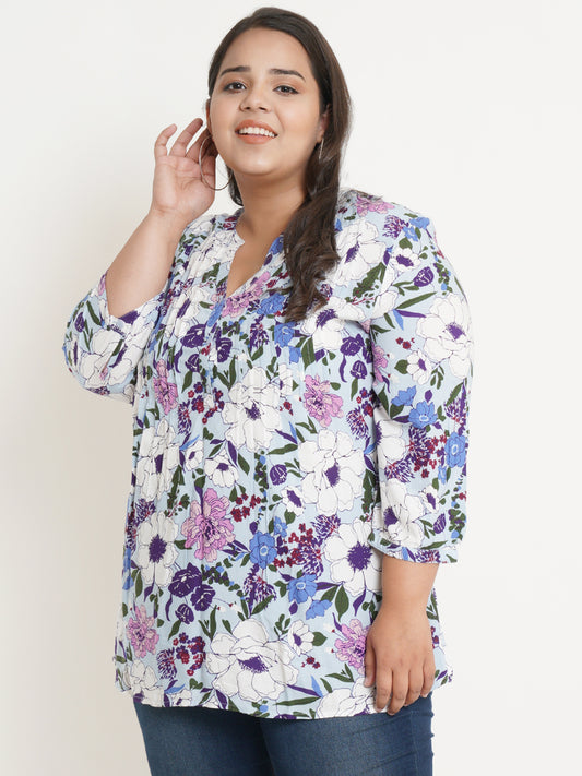 Women Floral Print Mandarin Collar Plus Size Top - Side Angle