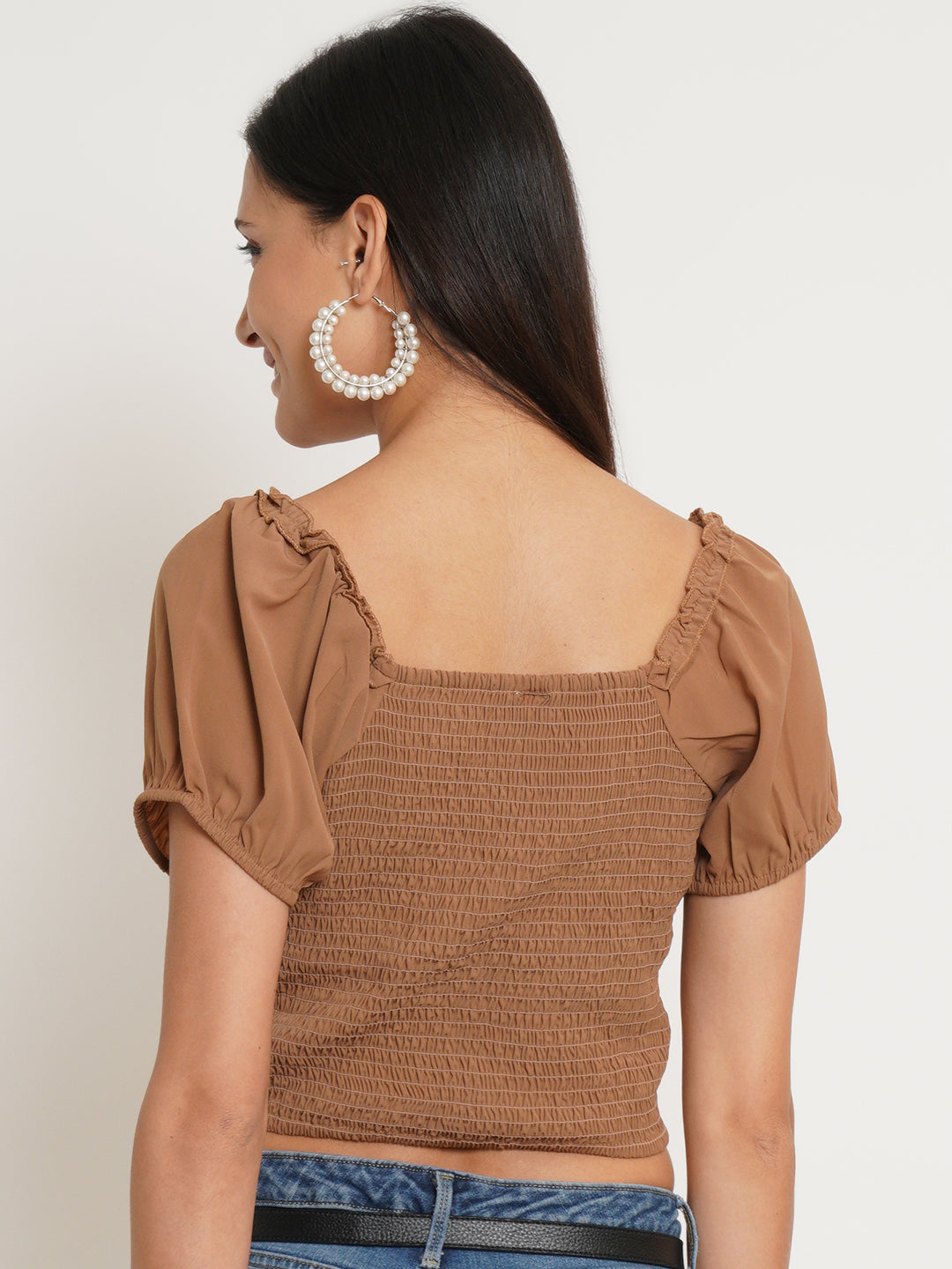 Women Brown Self Design Smocked Crop Top
