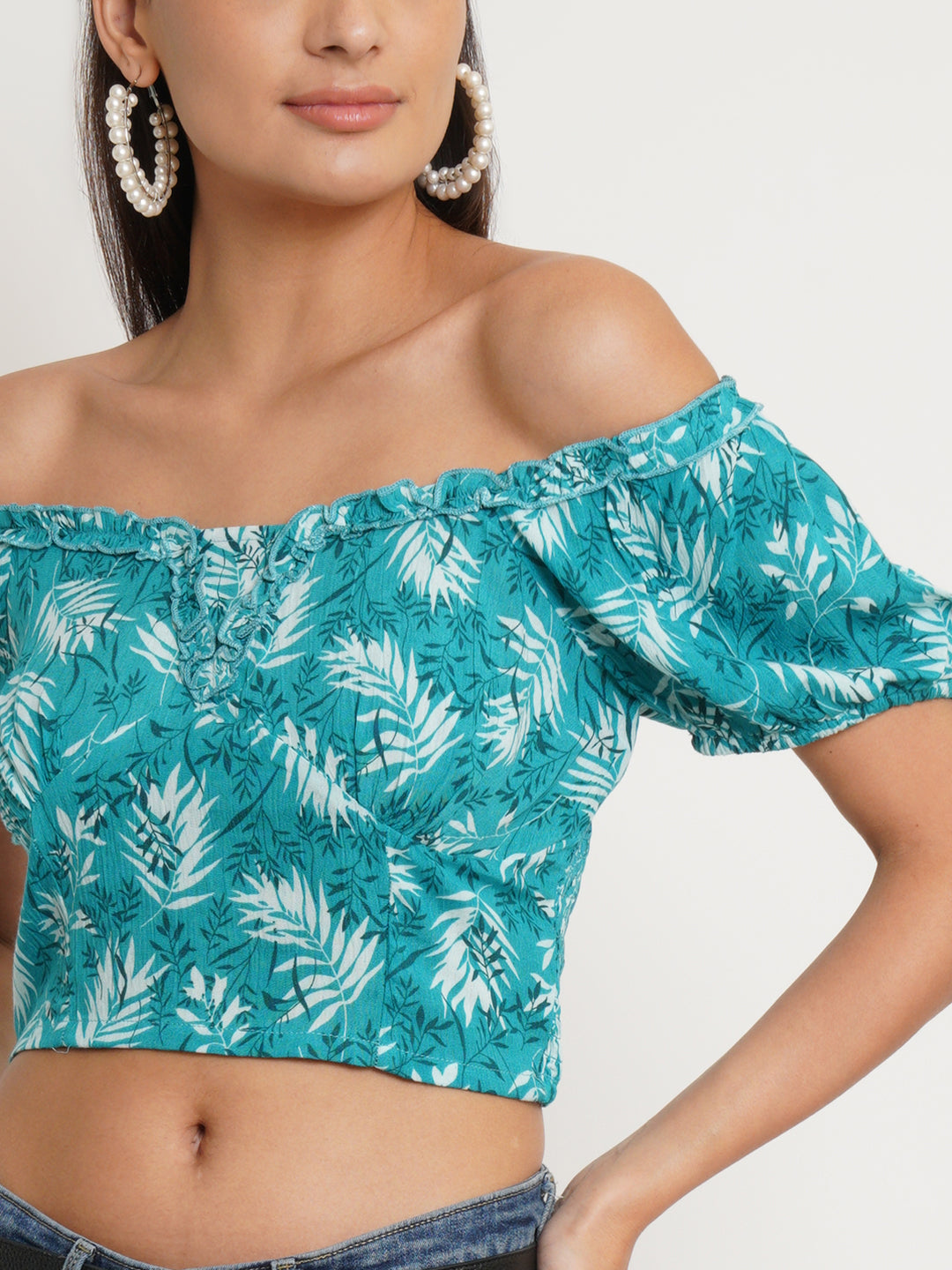 Women Turquoise Blue & White Printed Self Design Smocked Crop Top