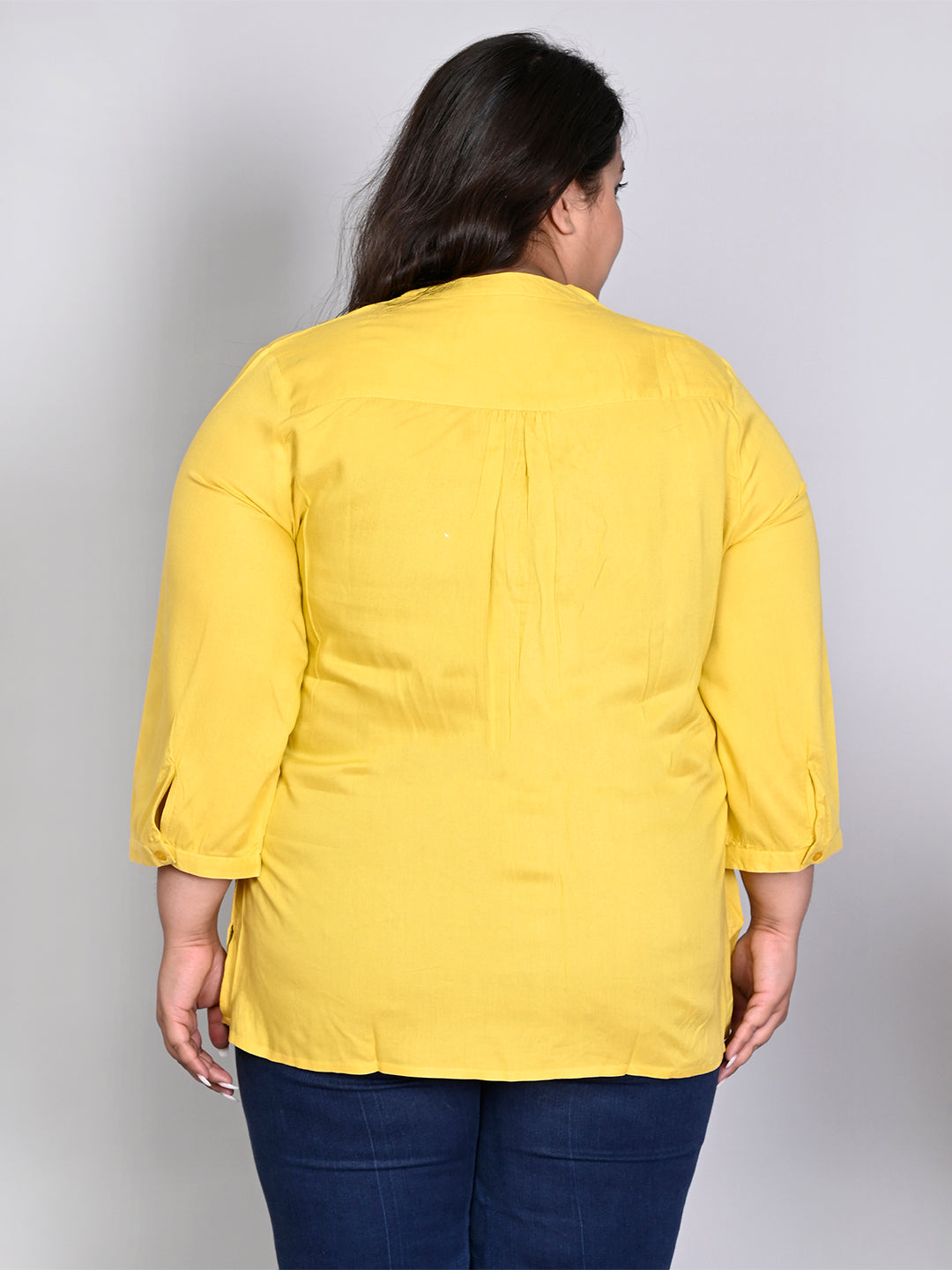 Women Plus Size Yellow Solid Pintuck Mandarin Collar Longline Top