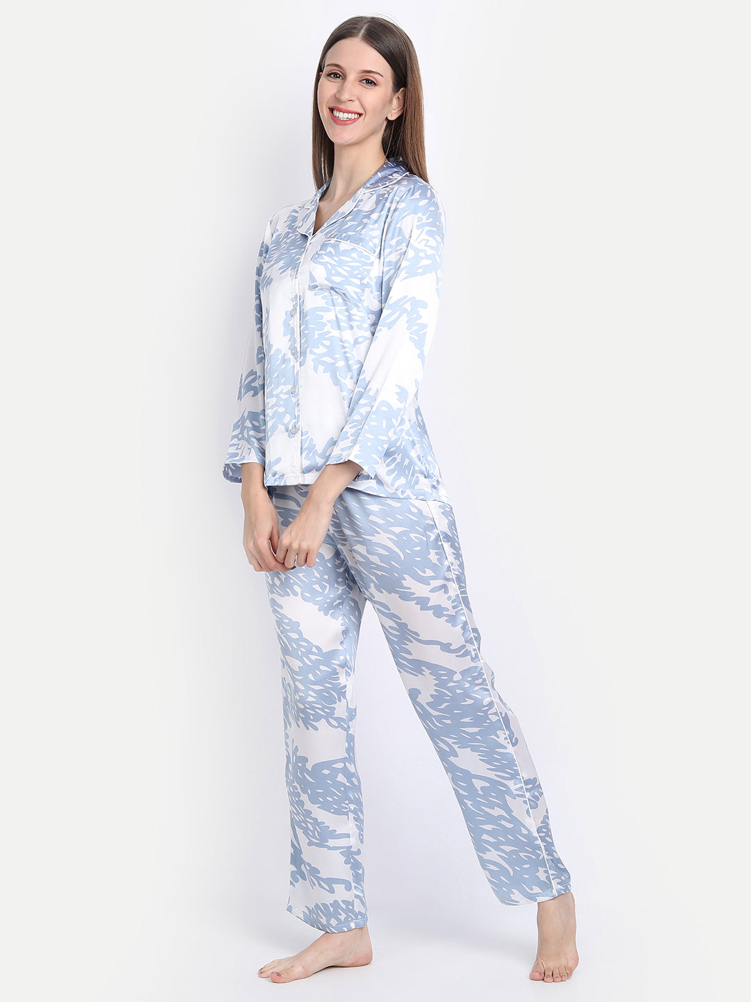 Women Satin Blue & White Pyjama & Shirt Nightsuit Set