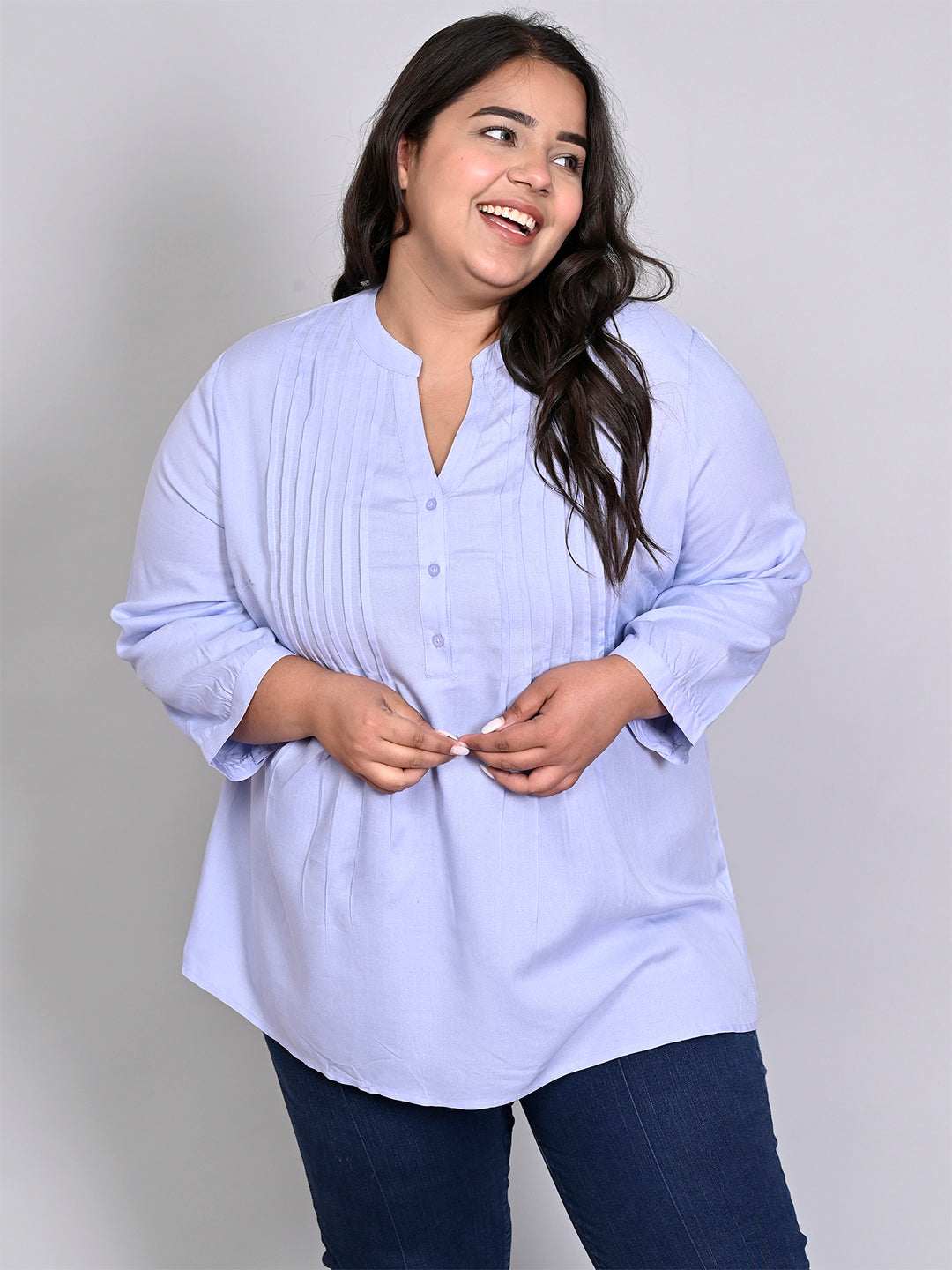 9 Impression Women Plus Size Sky Blue Solid Pintuck Mandarin Collar Longline Top
