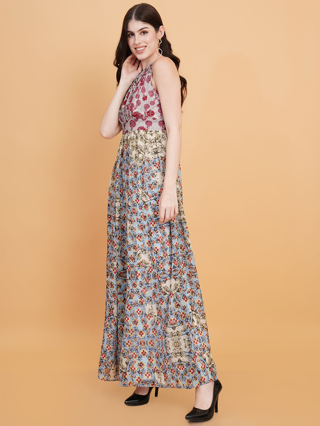 Women Red & Blue Floral Print Tie-Up Neck Maxi Dress