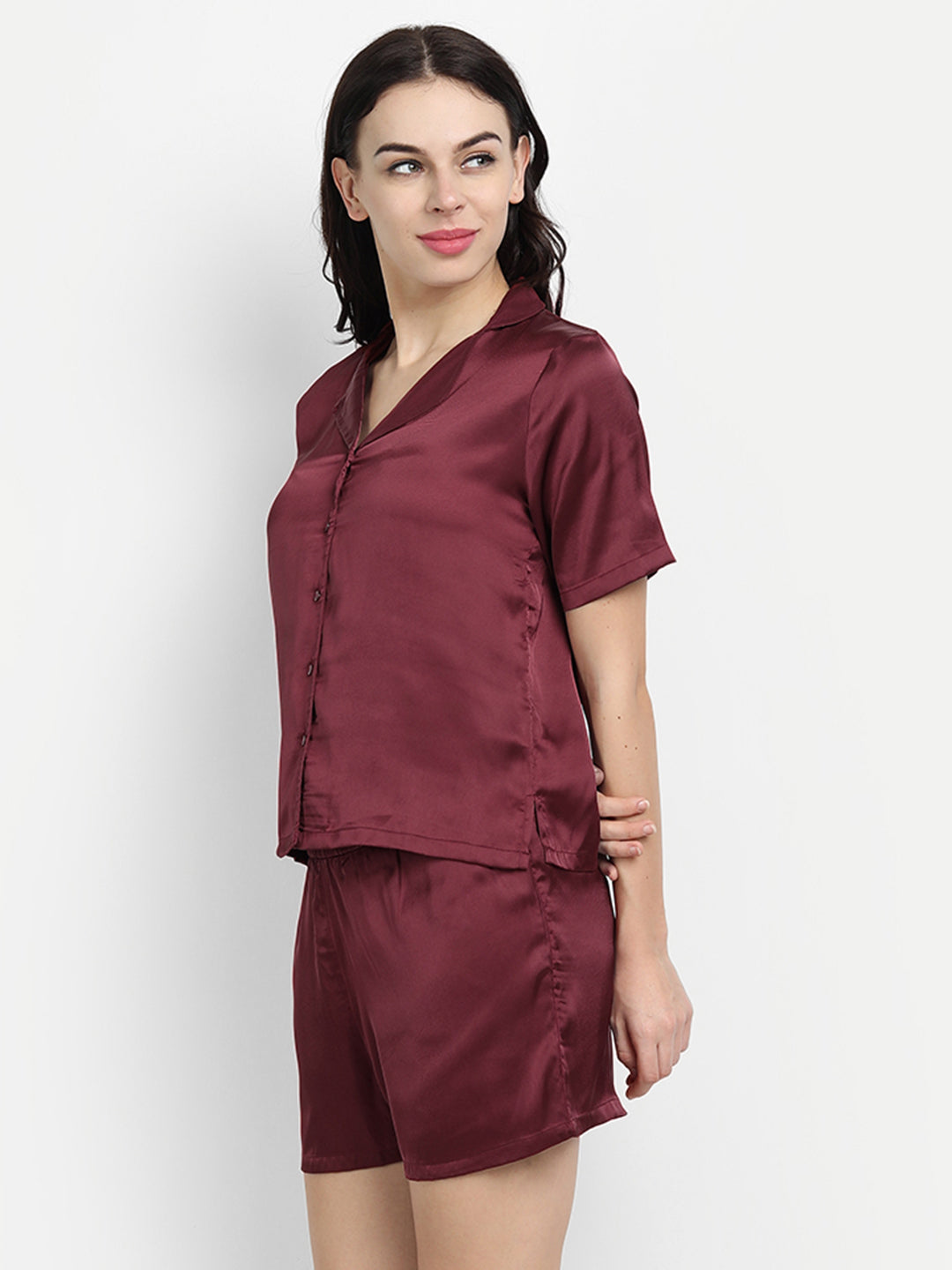 Women Maroon Solid Satin Pyjama & Shirt Nightsuit Set