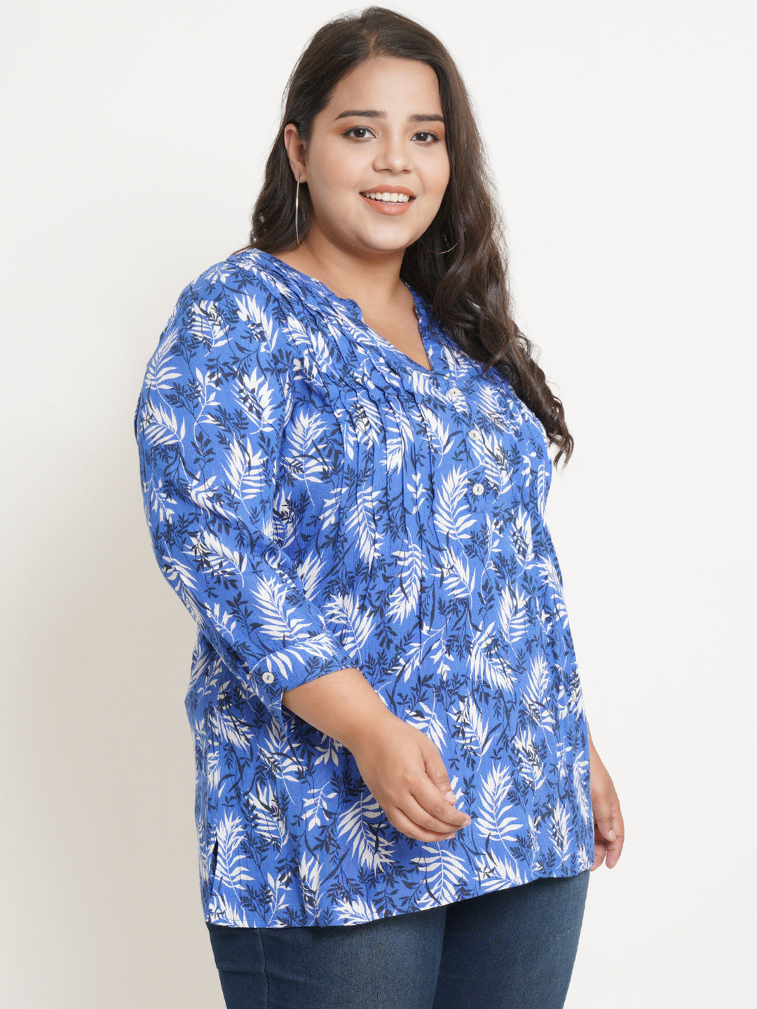 Women Blue & White Leaf Print Mandarin Collar Plus Size Top