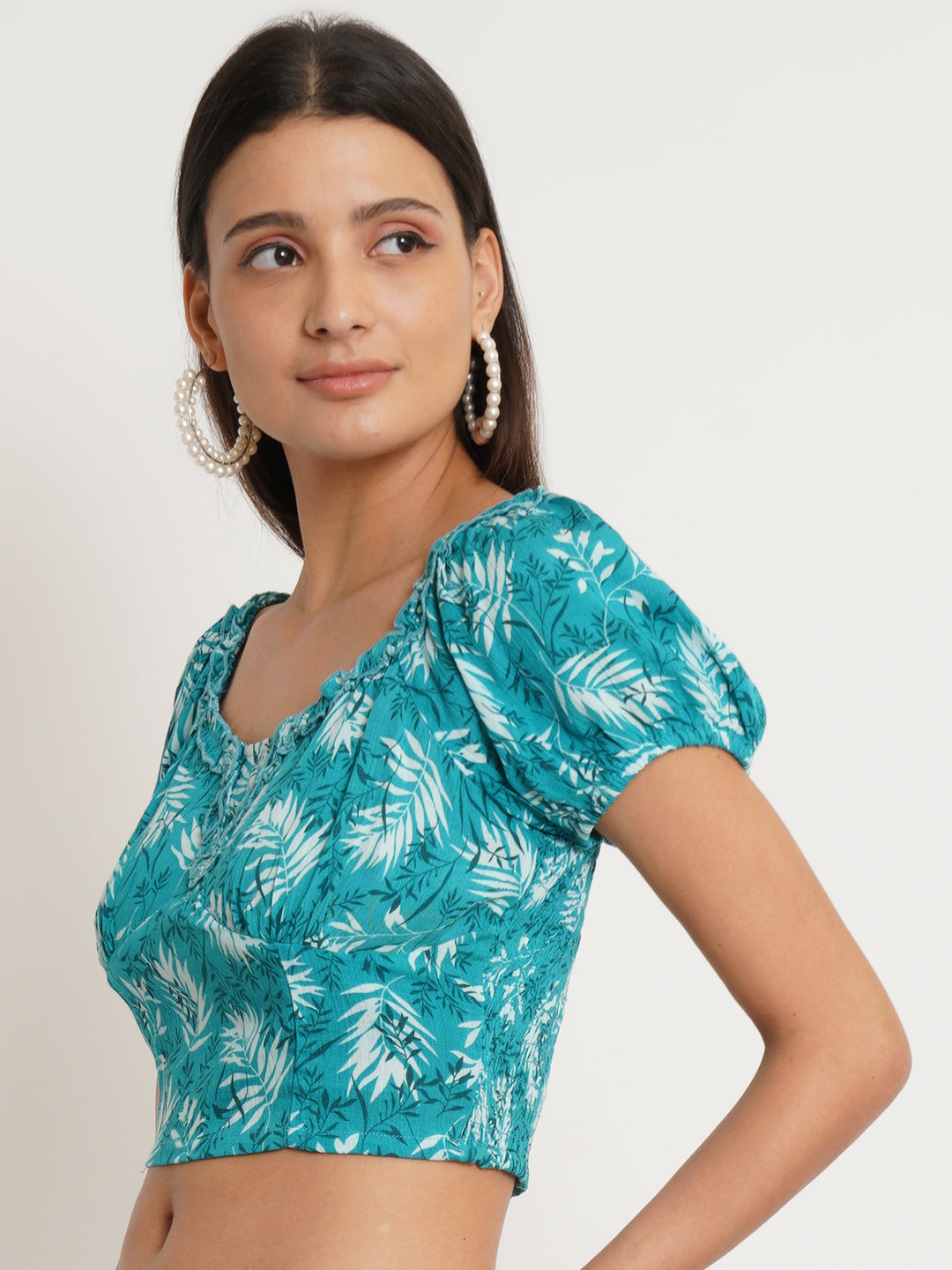 Women Turquoise Blue & White Printed Self Design Smocked Crop Top