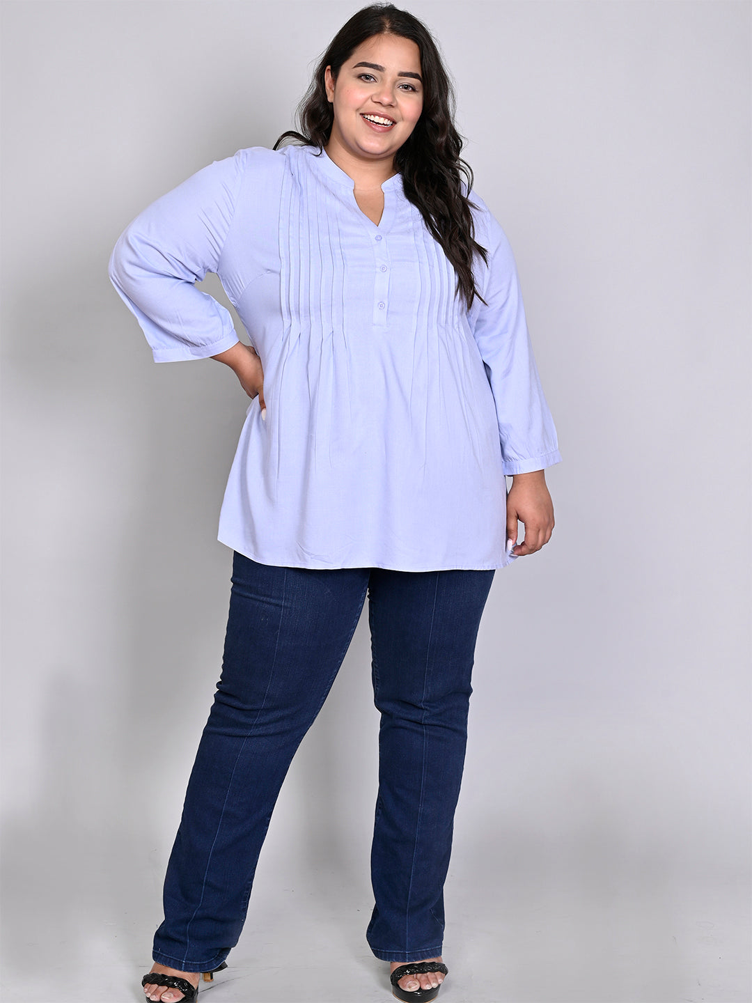 9 Impression Women Plus Size Sky Blue Solid Pintuck Mandarin Collar Longline Top