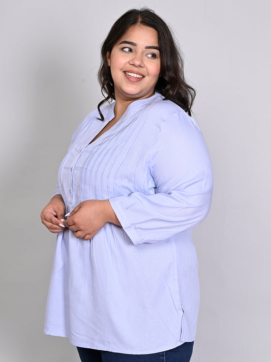 9 Impression Women Plus Size Sky Blue Solid Pintuck Mandarin Collar Longline Top