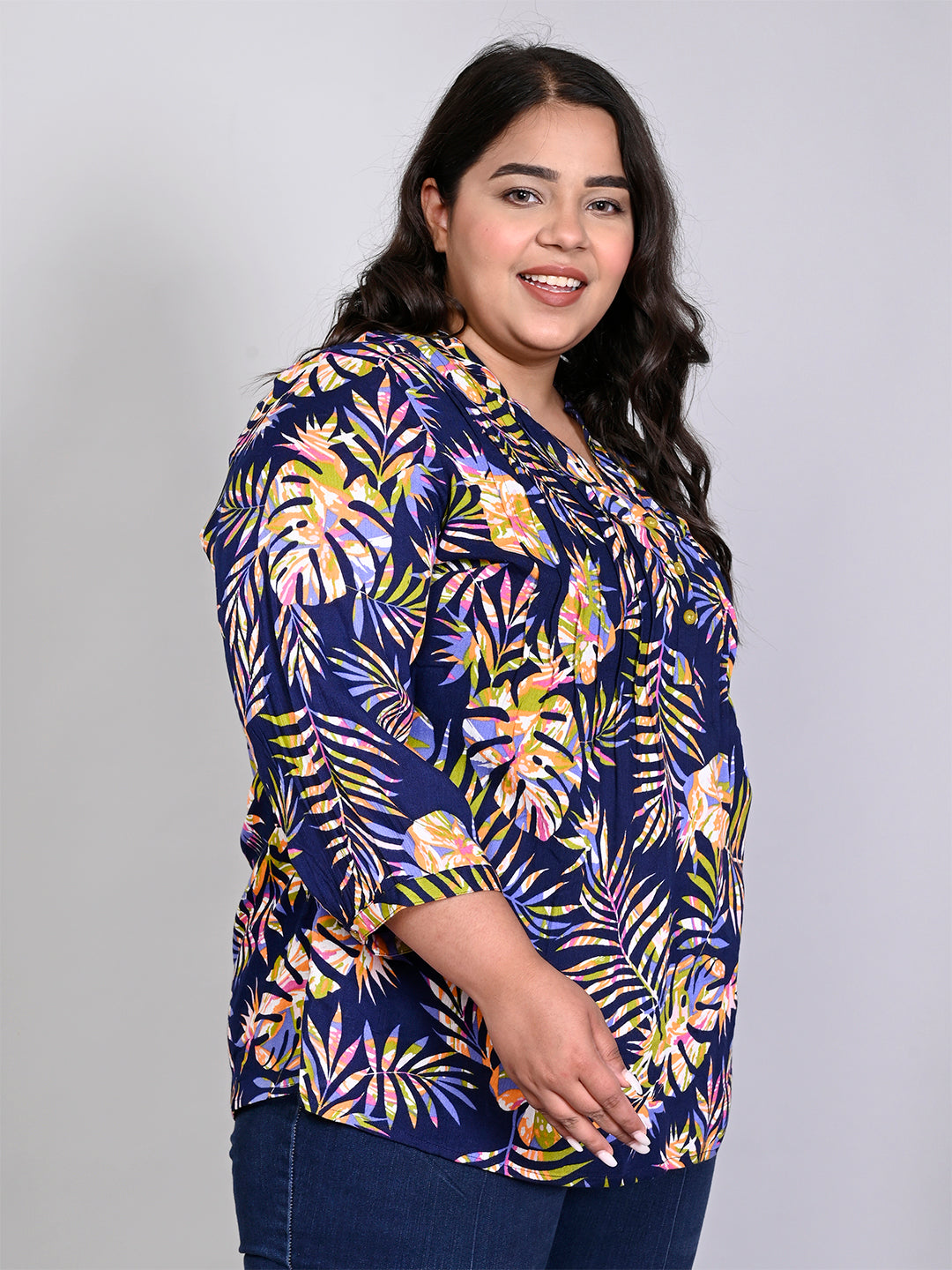 Women Plus Size Navy Blue & Green Printed Pintuck Mandarin Collar Longline Top