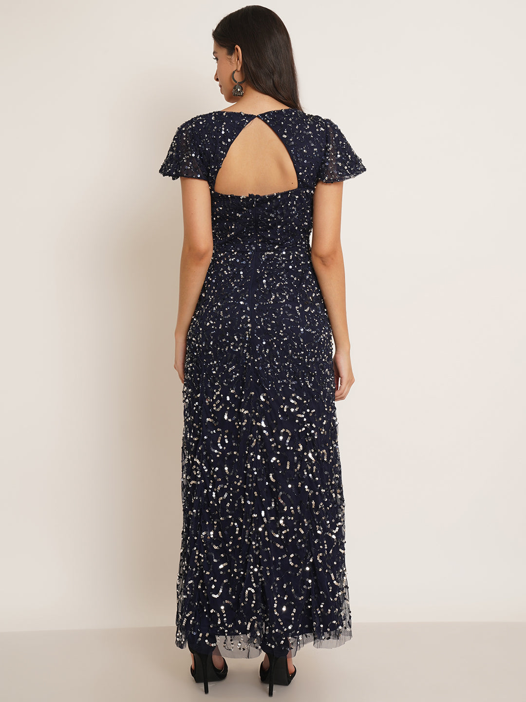 Women Navy Blue Embellished Flutter Sleeves V-Neck Maxi Dress