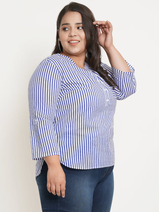 Women Blue & White Stripe Mandarin Collar Plus Size Top