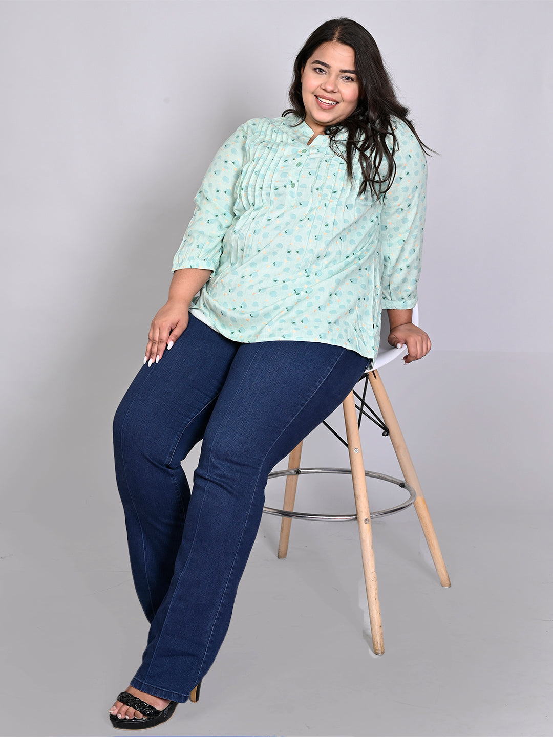 Women Plus Size Green Printed Pintuck Mandarin Collar Longline Top