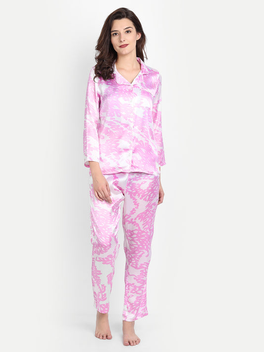 Women Pink & White Satin Pyjama & Shirt Nightsuit Set
