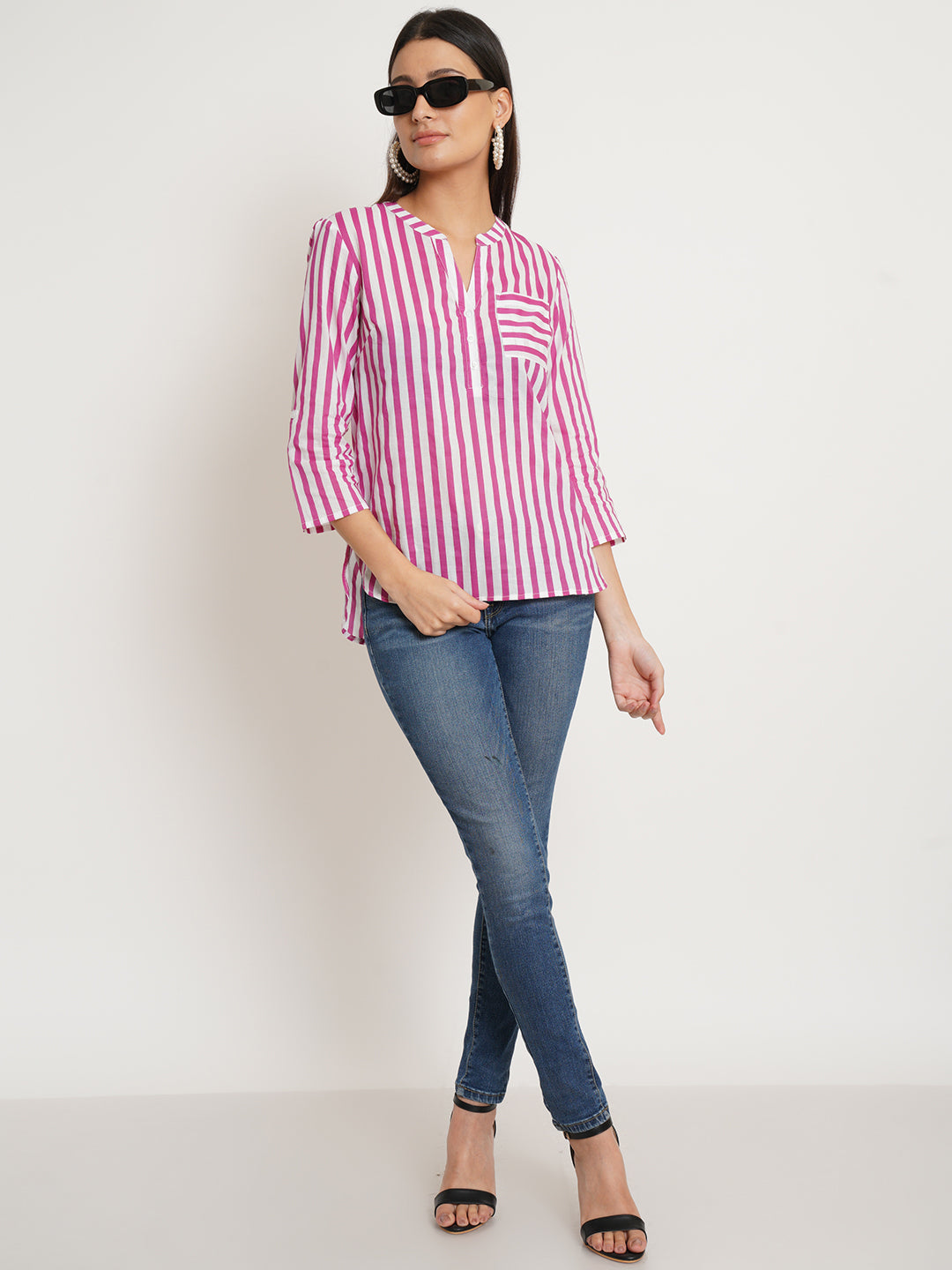 Women Pink & White Stripe Plus Size Top