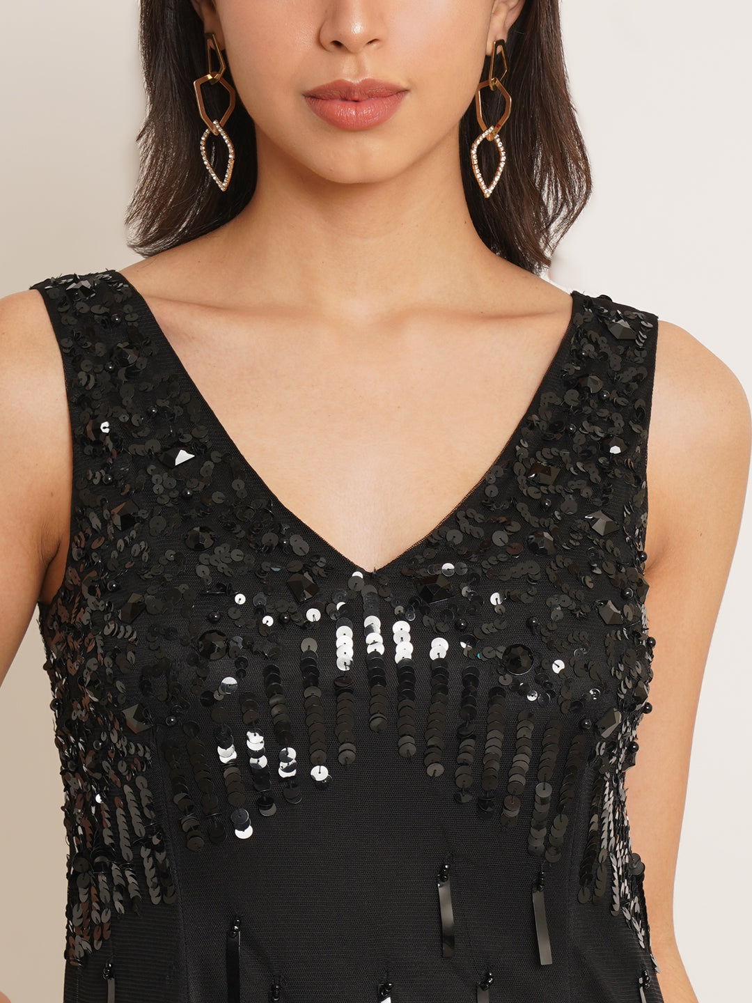 Women Black Embellished V-Neck Maxi Gown