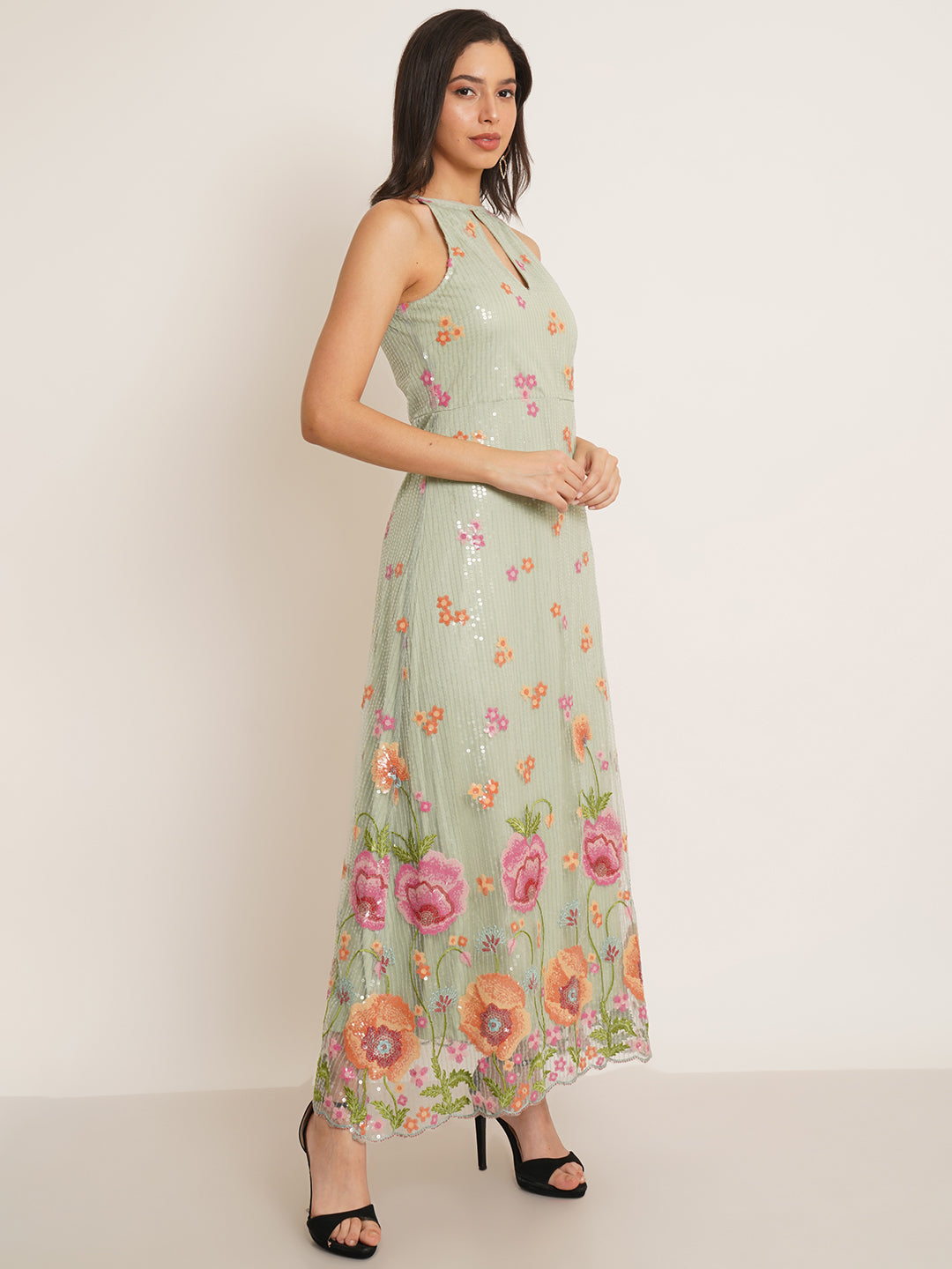 Women Green & Pink Embellished Floral Bridesmaid Maxi Dress