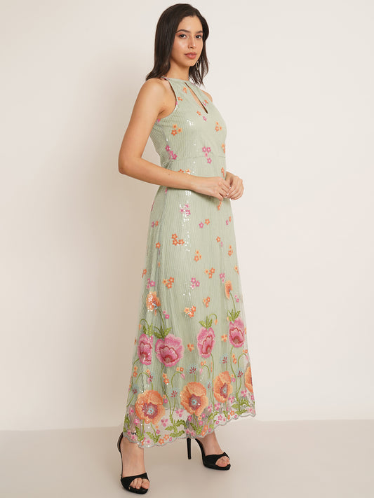 Women Green & Pink Embellished Floral Bridesmaid Maxi Dress