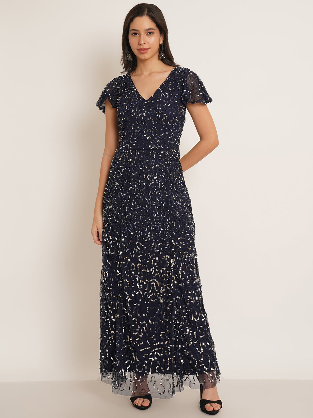 Women Navy Blue Embellished Flutter Sleeves V-Neck Maxi Dress