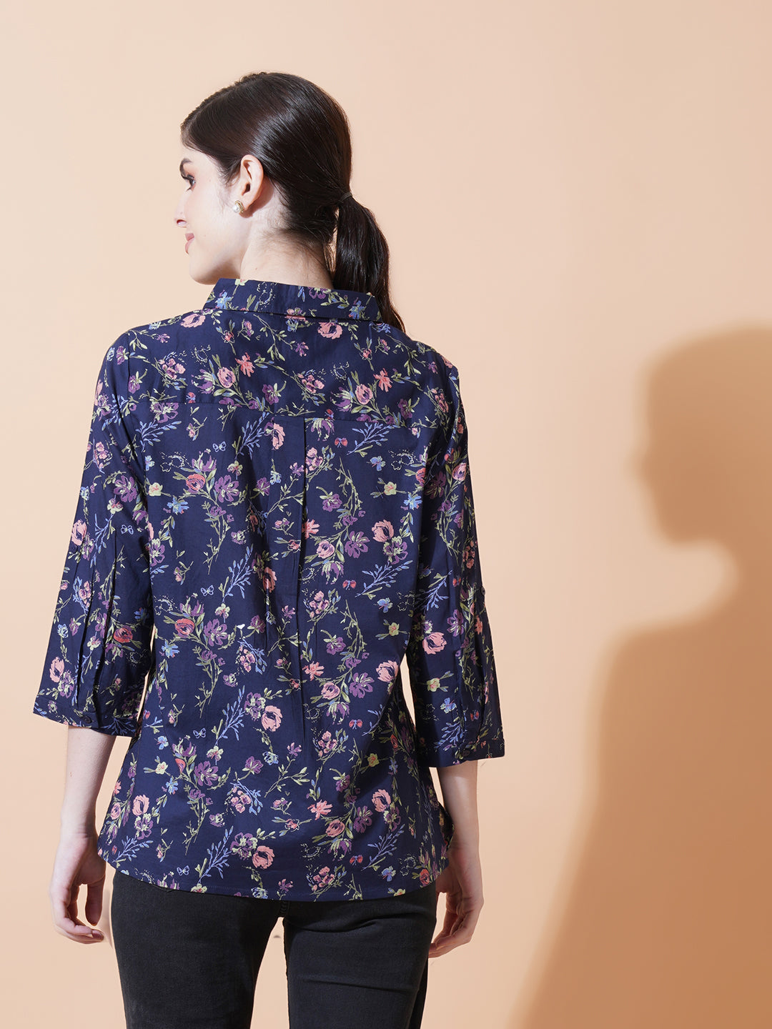 Women Navy Blue & Pink Floral Print Collared Shirt Style Top