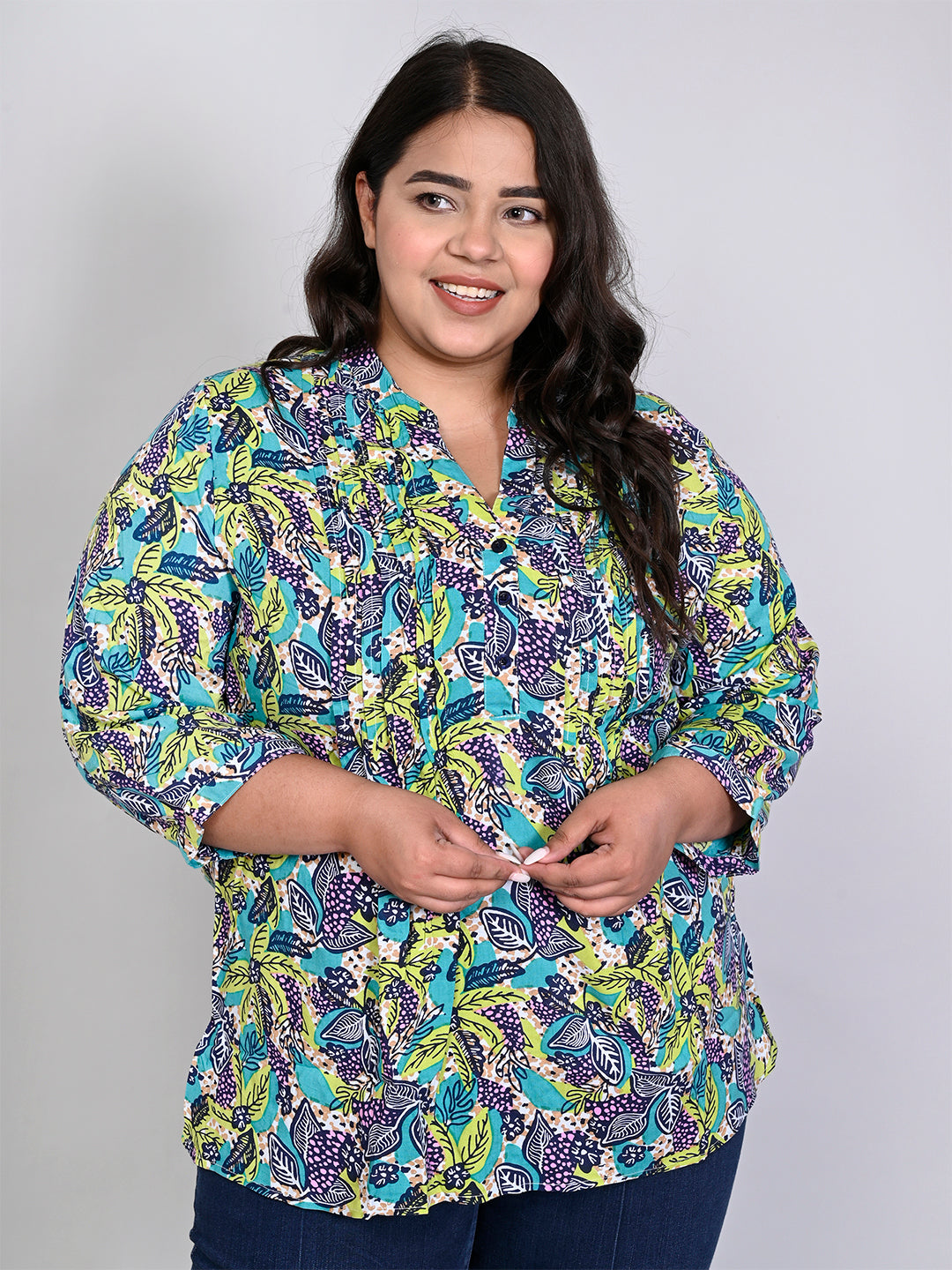 Women Plus Size Blue & Green Printed Pintuck Mandarin Collar Longline Top