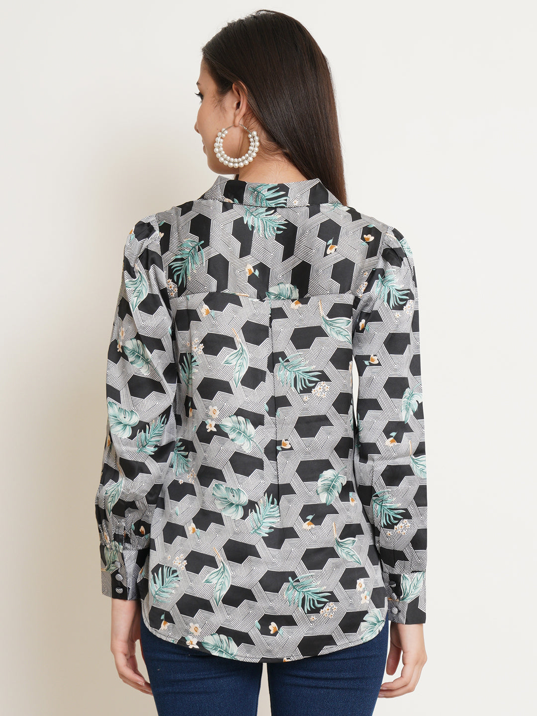 Women Black & White Printed Satin Full Sleeves Shirt Collared Tops