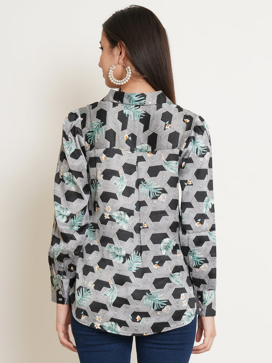 Women Black & White Printed Satin Full Sleeves Shirt Collared Tops