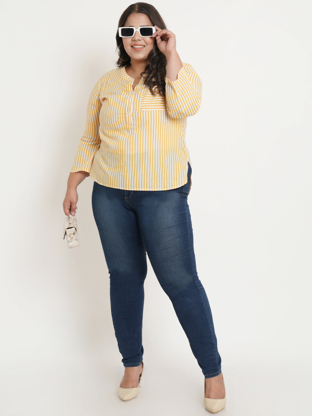 Women Yellow & White Stripe Mandarin Collar Plus Size Top